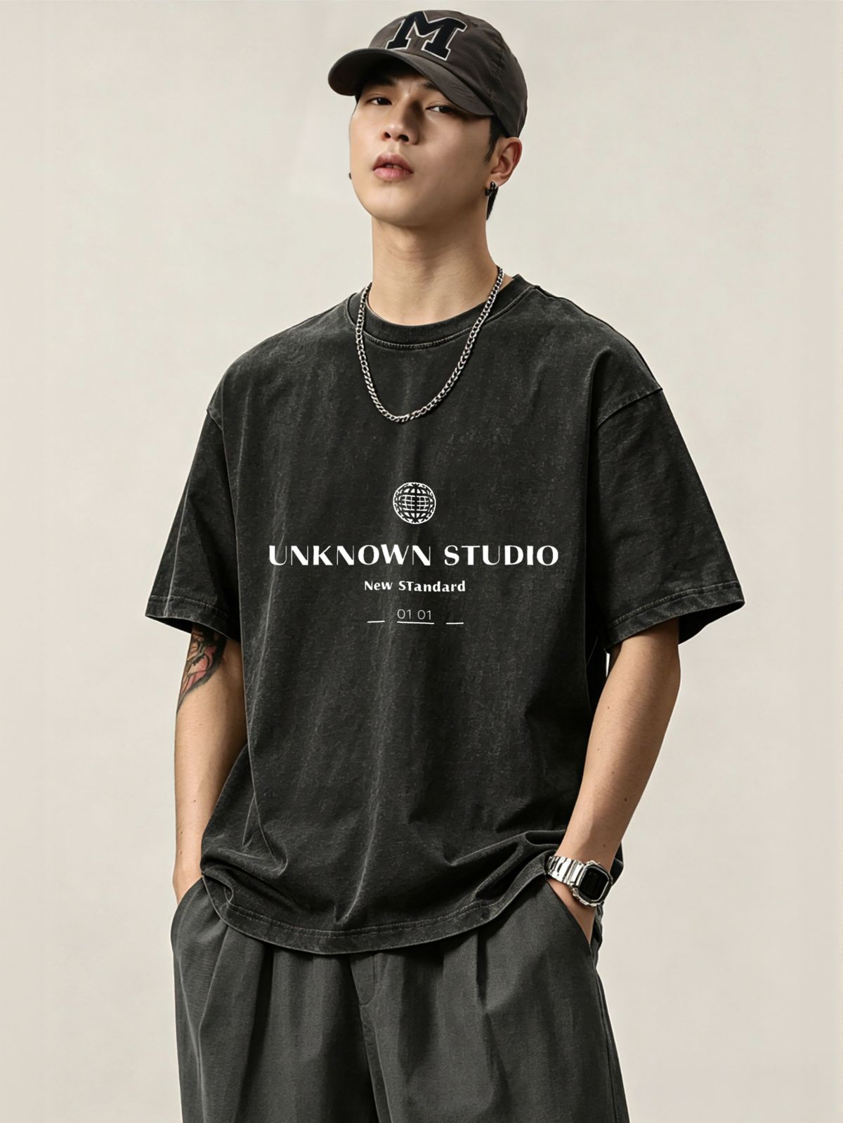 230g Washed Men T-Shirt UNKNOWN STUDIO Globe Letter Print Short Sleeve Crew Neck Casual Streetwear Top_viptrois.com