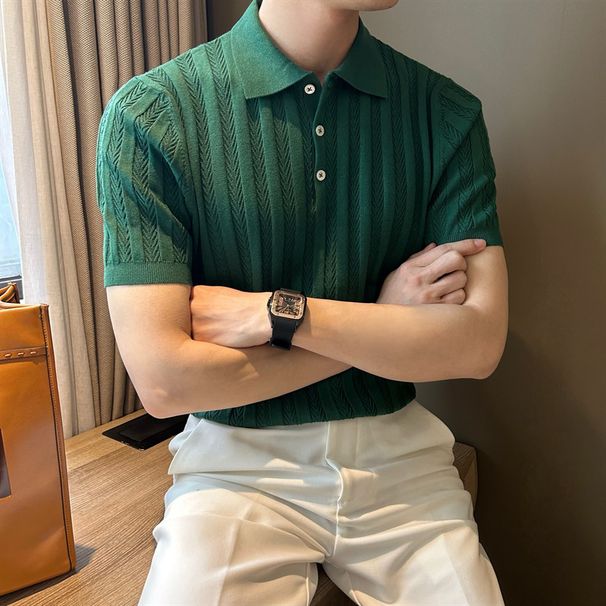 Men's Clothing Short Sleeve Jacquard Casual Slim Fit Men's Summer Short Sleeve Shirt – Jacquard Fishbone Pattern, Slim Fit Stretch Knit Top_viptrois.com