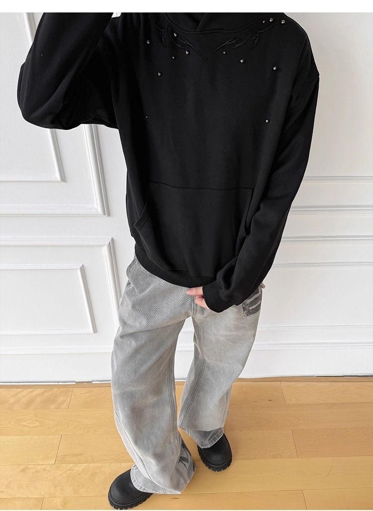 Men's Solid Color Beaded Hooded Sweatshirt - Trendy Oversized Streetwear Pullover With Long Sleeves_viptrois.com