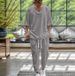 Men's Clothing Spring And Autumn Men's Cotton And Linen V Neck T Shirt Casual Short Sleeved Trousers Beach Suit_viptrois.com