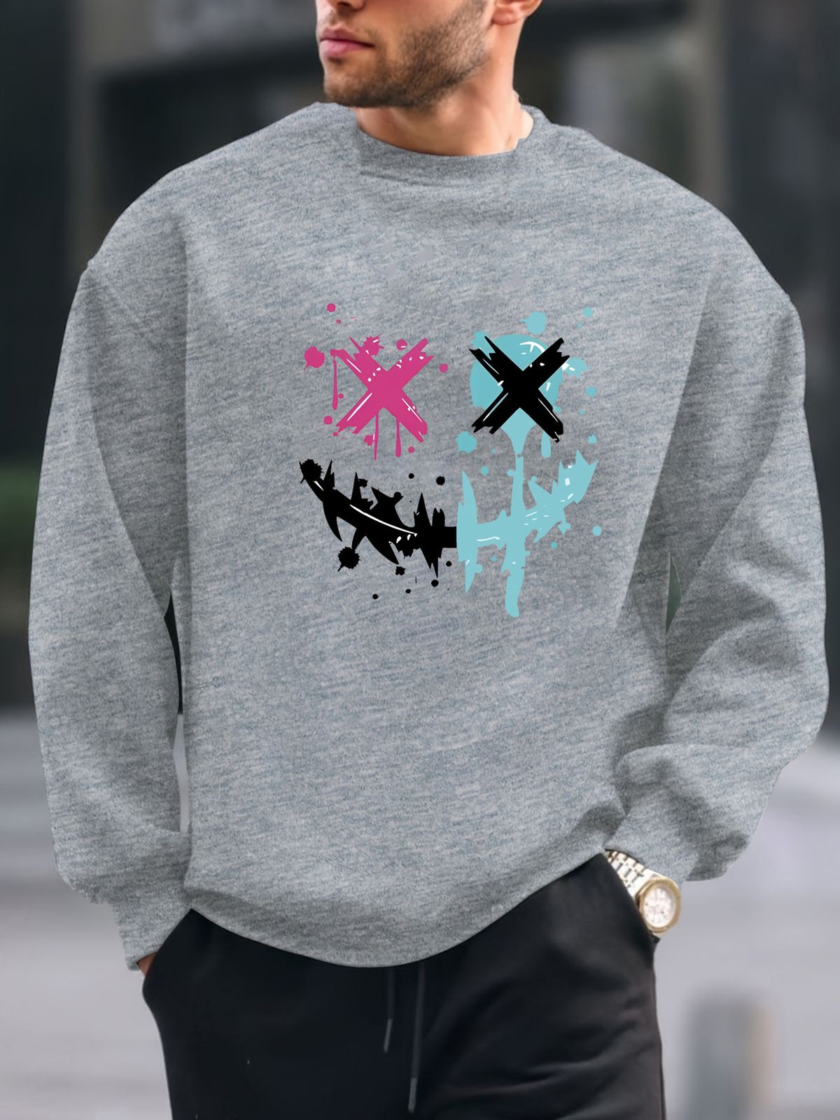 Men's Loose Casual Fashionable Smiling Face Pattern Printed Round Neck Long Sleeved Sweatshirt For Autumn And Winter_viptrois.com