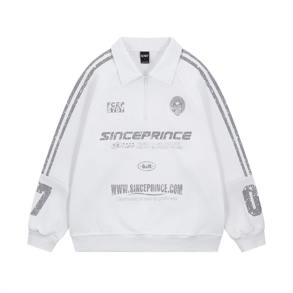 Mottled Letter Print Half-Zip Turn-Down Sweatshirt American High Street Sports Loose Polo Collar Top Spring Autumn Men's_viptrois.com