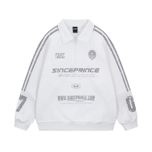 Mottled Letter Print Half-Zip Turn-Down Sweatshirt American High Street Sports Loose Polo Collar Top Spring Autumn Men's_viptrois.com