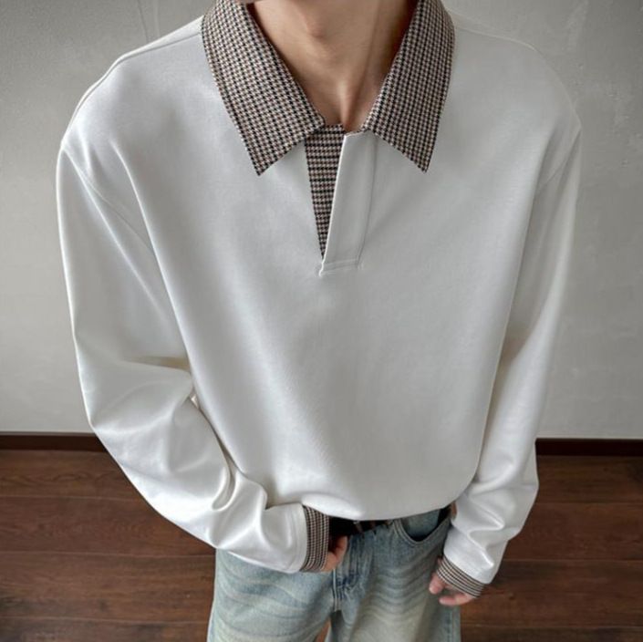 Houndstooth Collar Long Sleeve T-Shirt Men's Summer Trendy Brand High-End Polo Sweatshirt American Retro Base Shirt_viptrois.com