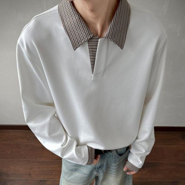 Houndstooth Collar Long Sleeve T-Shirt Men's Summer Trendy Brand High-End Polo Sweatshirt American Retro Base Shirt_viptrois.com