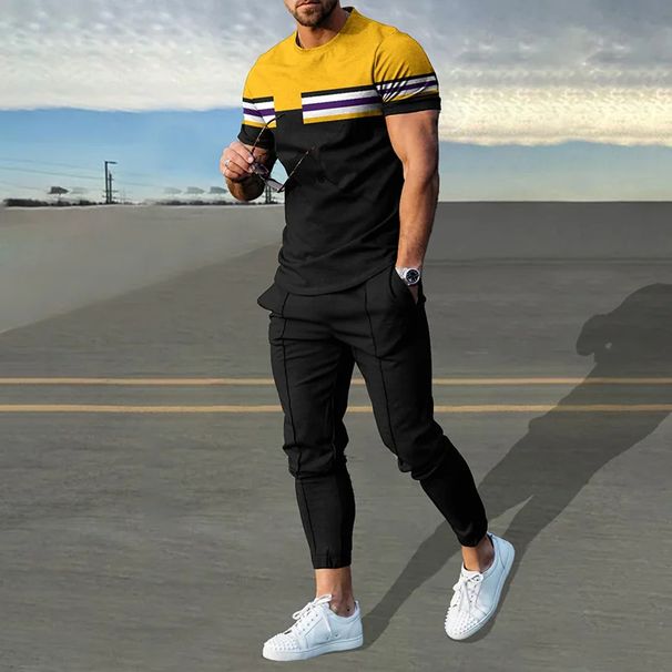 Men's Clothing casual short-sleeved suit 3D digital printing color stripes fashion short-sleeved trousers suit_viptrois.com