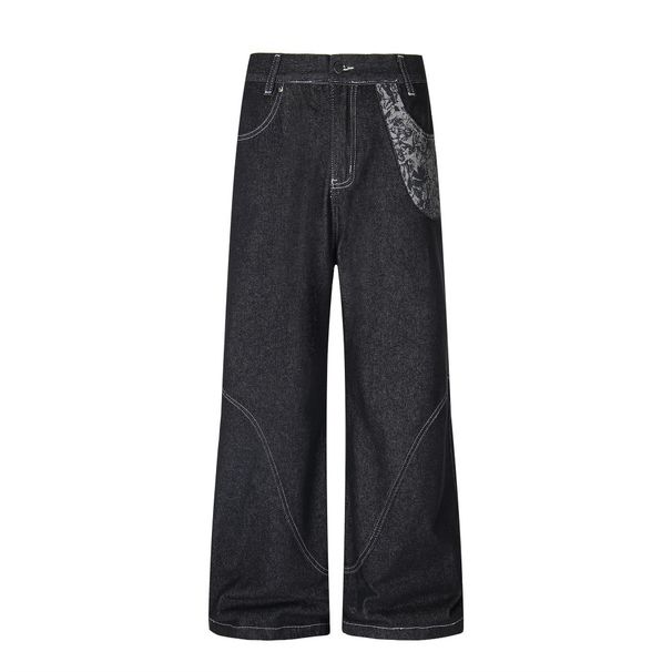 American High Street Wide-Leg Jeans With Patchwork Pockets, Unique Design, Stitched Topstitching, Slightly Flared Pants,_viptrois.com