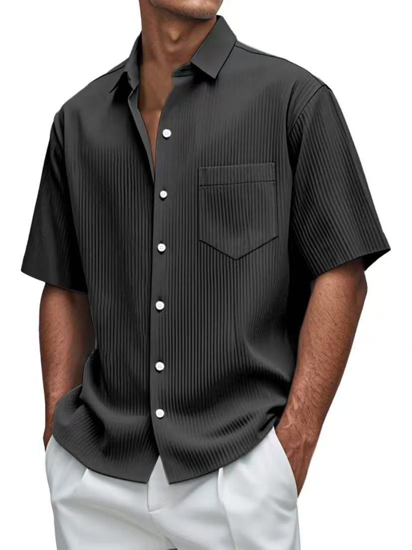 New Men's Solid Color Loose, Comfortable And Versatile Vertical Striped Short-sleeved Button Set_viptrois.com