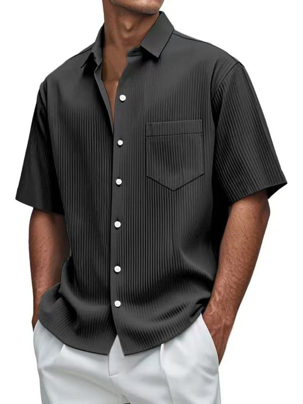 New Men's Solid Color Loose, Comfortable And Versatile Vertical Striped Short-sleeved Button Set_viptrois.com