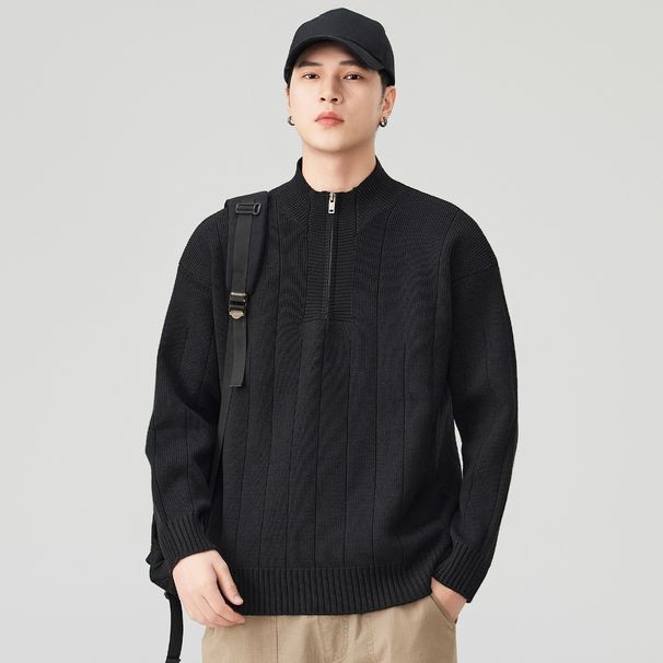 Streetwear Stand Collar Knit Sweater – Premium Polyester Pullover For Men (M-3XL, Relaxed Fit, Luxury Texture)_viptrois.com