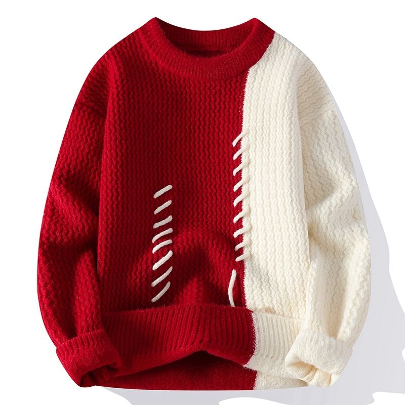 Men's Oversized Crewneck Sweater – Thickened Modal Blend Knit (Color-Blocked Design, Winter Casual Wear, Youth Street Style)_viptrois.com