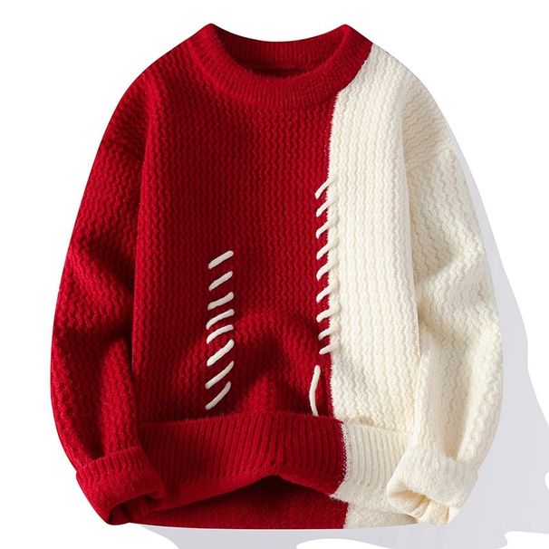 Men's Oversized Crewneck Sweater – Thickened Modal Blend Knit (Color-Blocked Design, Winter Casual Wear, Youth Street Style)_viptrois.com