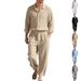 Men's Linen Beach Suit Casual Loose Fit Long Sleeve Shirt & Trousers Set With Sun Protection_viptrois.com