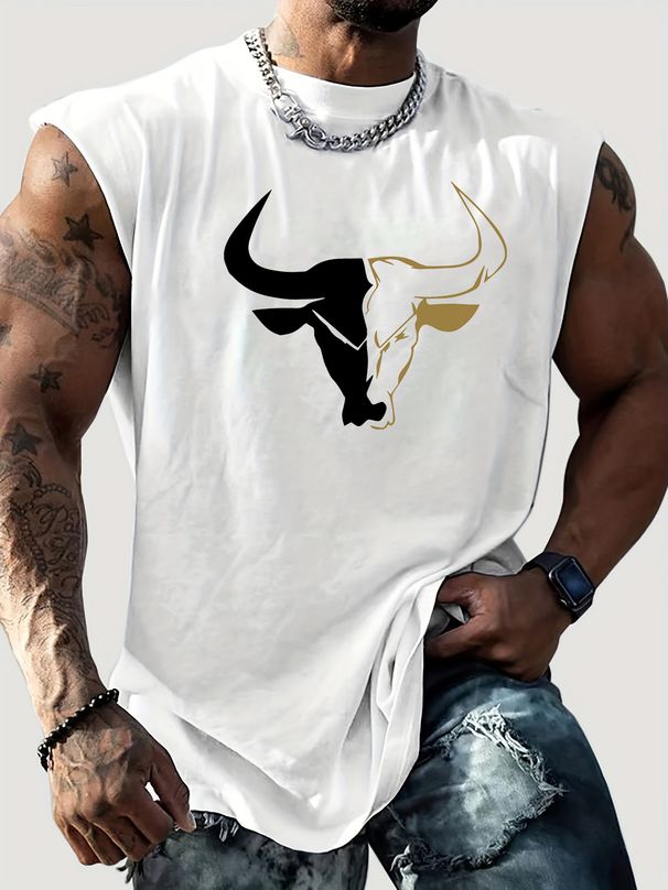 100% Pure Cotton Men's Summer Casual Sports Fitness Loose Bull Pattern Printed Breathable Round Neck Sleeveless Vest_viptrois.com