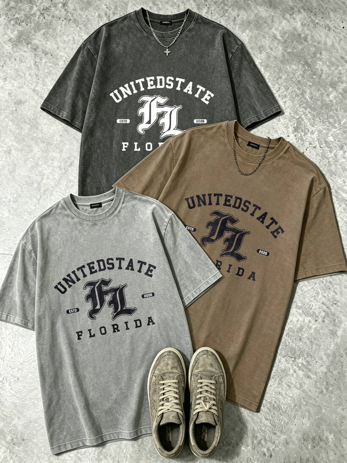 100% Cotton Washed Vintage Men's 3-Pack T-shirts United States Florida Text Print Crew Neck Short Sleeve Casual Tops In Gray Brown Light Gray_viptrois.com