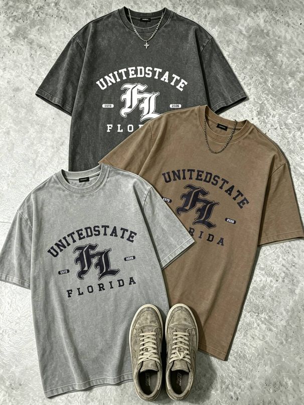 100% Cotton Washed Vintage Men's 3-Pack T-shirts United States Florida Text Print Crew Neck Short Sleeve Casual Tops In Gray Brown Light Gray_viptrois.com
