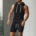 Men's Clothing Sleeveless Solid Color Jacquard Knitted Hooded Sleeveless Casual Vest Shorts Suit_viptrois.com