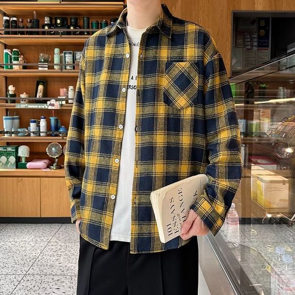 Checkered Long Sleeved Shirt Loose Fitting Men's Spring And Autumn Trendy Versatile Casual Jacket_viptrois.com