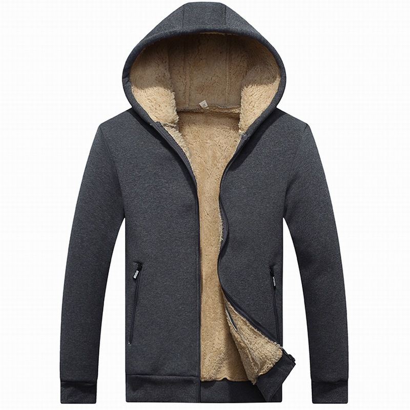 Men's Clothing Men's Fleece-Lined Hooded Zip-Up Sweatshirt - 100% Cotton Sherpa-Lined Jacket With Ribbed Hem, Winter Warm Pullover (Black, Dark Gray)_viptrois.com
