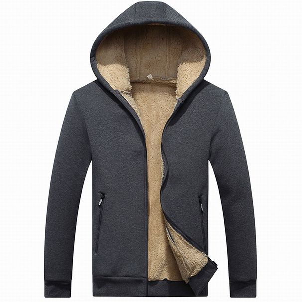 Men's Clothing Men's Fleece-Lined Hooded Zip-Up Sweatshirt - 100% Cotton Sherpa-Lined Jacket With Ribbed Hem, Winter Warm Pullover (Black, Dark Gray)_viptrois.com
