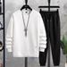 Men's Waffle Knit Long Sleeve T-Shirt Set Casual Two-Piece Pullover Hoodie Loose Fit Round Neck Teen Boys Spring Autumn Fashion_viptrois.com