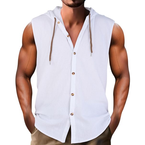 Cross-Border European And American Summer Men's Casual Sleeveless Shirt Cotton Linen Hooded Fashion Solid Color Top_viptrois.com