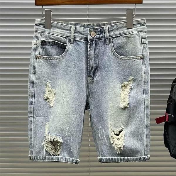 Men's Trendy Ripped Denim Shorts Thin Style Summer Casual Straight Leg Mid Length Five Point Riding Breeches_viptrois.com