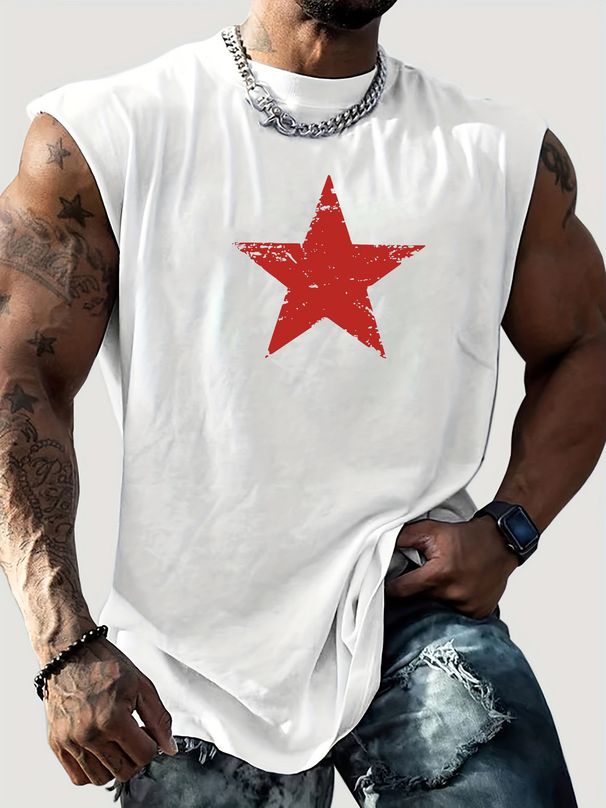 100% Pure Cotton Men's Summer Casual Sports Fitness Loose Retro Style Red Five Pointed Star Pattern Printed Breathable Round Neck Sleeveless Vest_viptrois.com
