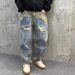 Men's Clothing Casual Handsome Heavy Retro Ripped Patch Jeans Straight Loose Beggar Wide Leg Pants_viptrois.com