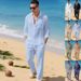 Men's New Linen Plain-color Collar Button-down Casual Long-sleeved Long Pants Men's Suit_viptrois.com