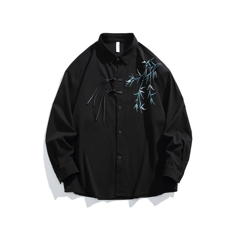 Men's Clothing Men's Chinese Streetwear Embroidered Shirt, Oversized Distressed Long Sleeve Blouse With Asymmetric Paneling For Urban Layering_viptrois.com