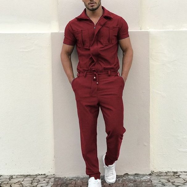 Men's Clothing foreign trade new men's solid color jumpsuit fashion casual zipper access control personalized one piece clothing_viptrois.com