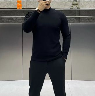 Men's Long-sleeve T-shirt In Solid Color, Trendy Mid-collar Inner Top For Autumn And Winter, Korean-style Slim-fit_viptrois.com