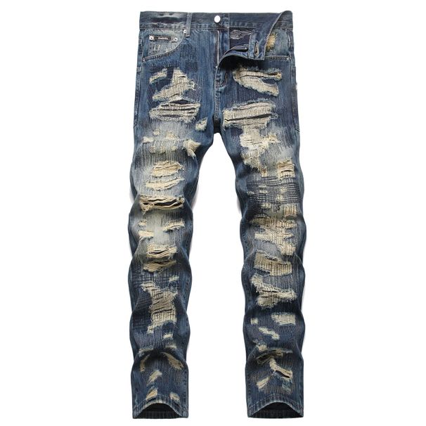 Original Trendy Retro Punk Distressed Patchwork Embroidered Personality Youth Men's Slim Straight Jeans_viptrois.com