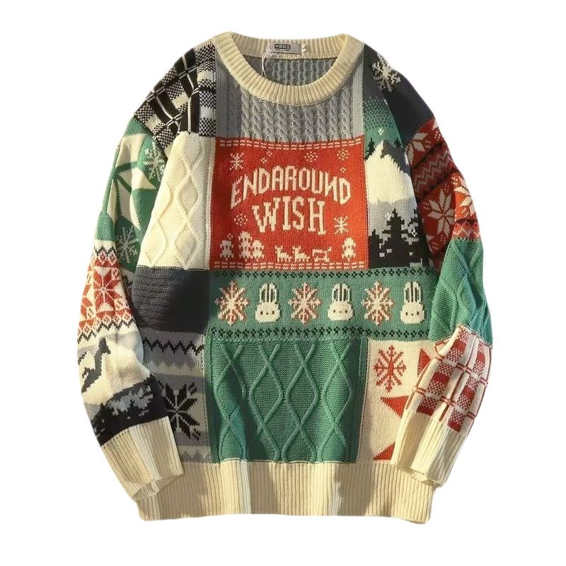 Men's Color-Block Knit Sweater – Trendy Jacquard Pattern For Halloween & Christmas (Blue/Red, EU Sizes S-2XL)_viptrois.com