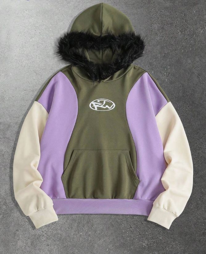Men's Retro Color Block Fleece Lined Hoodie With Fur Trim - American Style Letter Print Pullover_viptrois.com