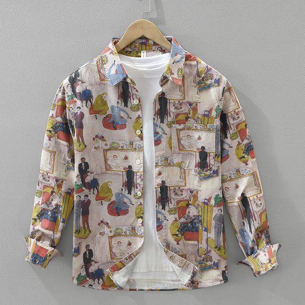 Cartoon Trendy Printed Long Sleeved Shirt, New Versatile Artistic Casual Loose Top For Men's Wear_viptrois.com