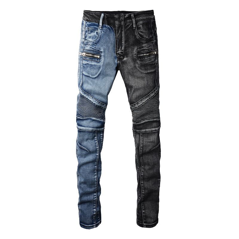 Men's Clothing European And American Style High Street Mandarin Duck Color Men's Trendy Motorcycle Jeans Men's Elastic Slim Stitching Men's Pants 1053_viptrois.com
