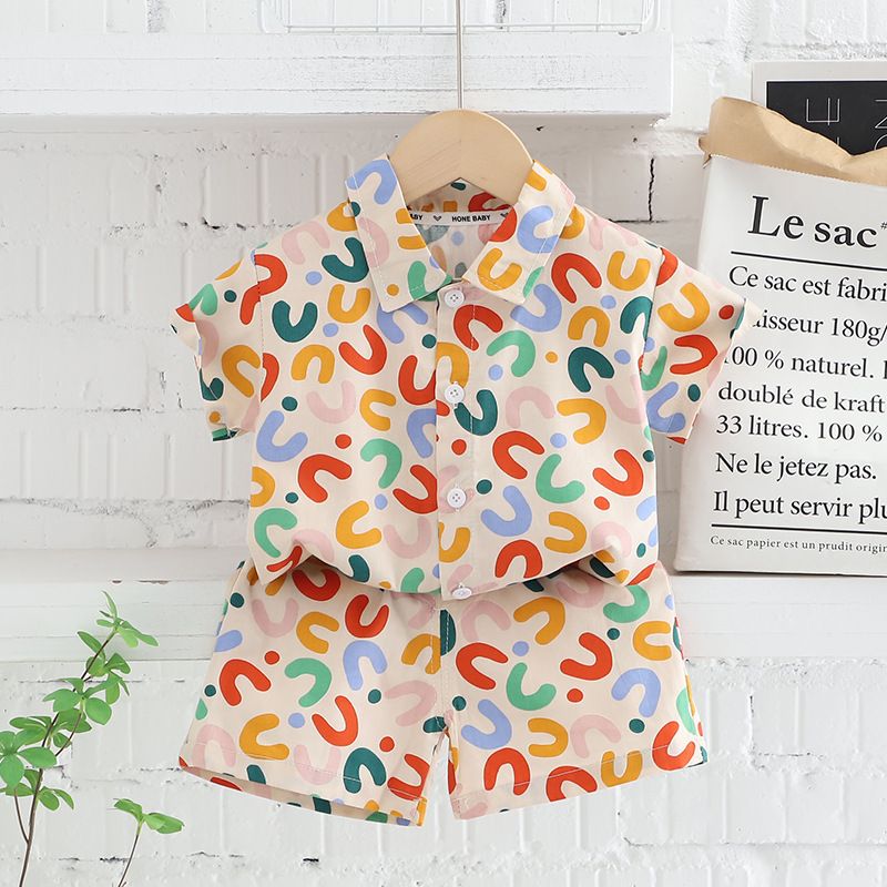 Cross Border Boy Summer Short Sleeved Children's Flower Shirt Full Print Letter Short Sleeved T Shirt Shorts 2 Piece Set_viptrois.com