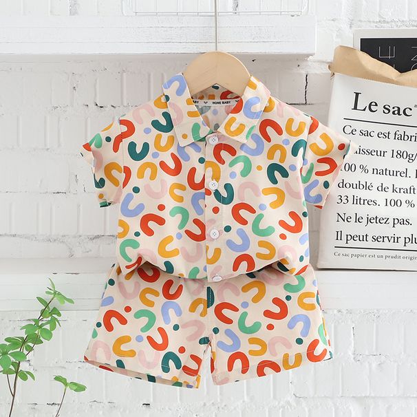 Cross Border Boy Summer Short Sleeved Children's Flower Shirt Full Print Letter Short Sleeved T Shirt Shorts 2 Piece Set_viptrois.com