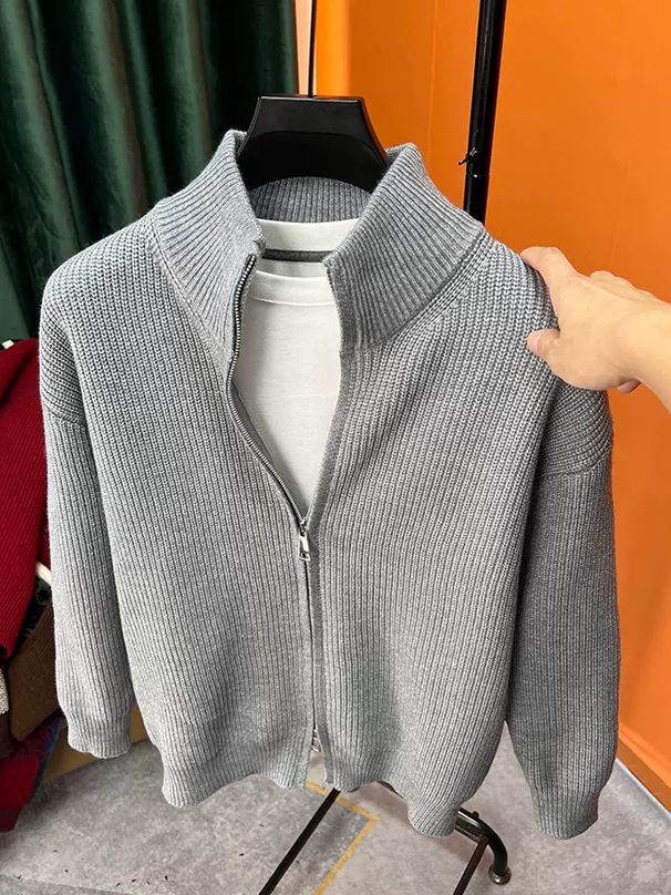 Men's Clothing Popular Cardigan Sweater Men 2024 Heavy Craft Korean Version Stand Collar Solid Color Large Size Knitted Sweater Men's Coat Trend_viptrois.com