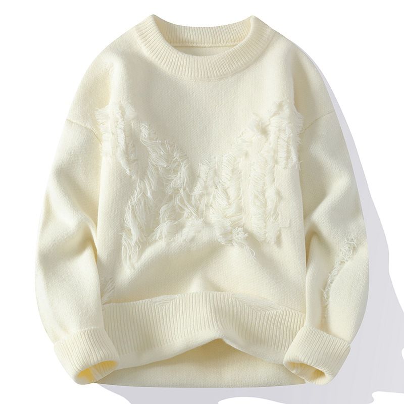 Men's Thickened Warm Ripped Men's Sweater Jacket Youth Crew Neck Pullover Lazy Wind Knitted Sweater_viptrois.com