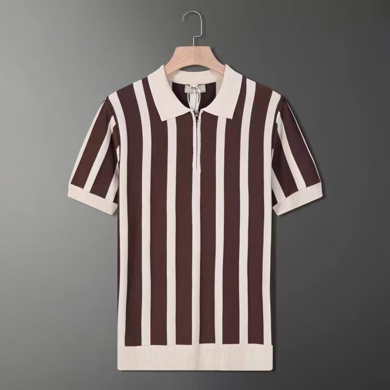 Men's Clothing Ice Silk Short Sleeved Shirt Slim Striped Colorblock Knitted Lapel T Shirt_viptrois.com