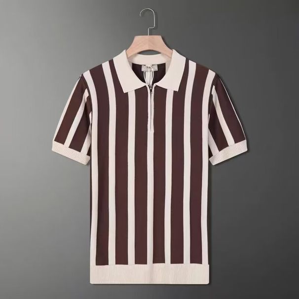 Men's Clothing Ice Silk Short Sleeved Shirt Slim Striped Colorblock Knitted Lapel T Shirt_viptrois.com