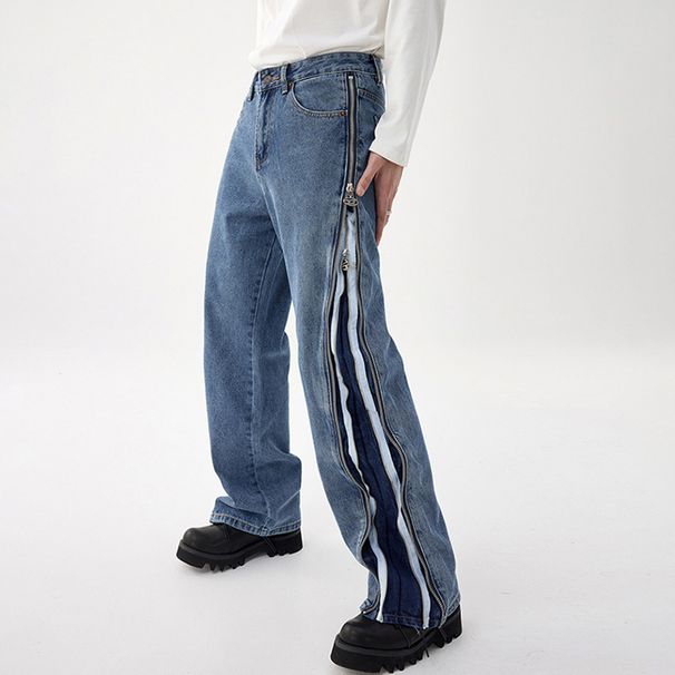 Double Zipper Side Stripe Split Jeans Men's Design Trendy Brand Washed High Street Straight Pants Long Trousers_viptrois.com
