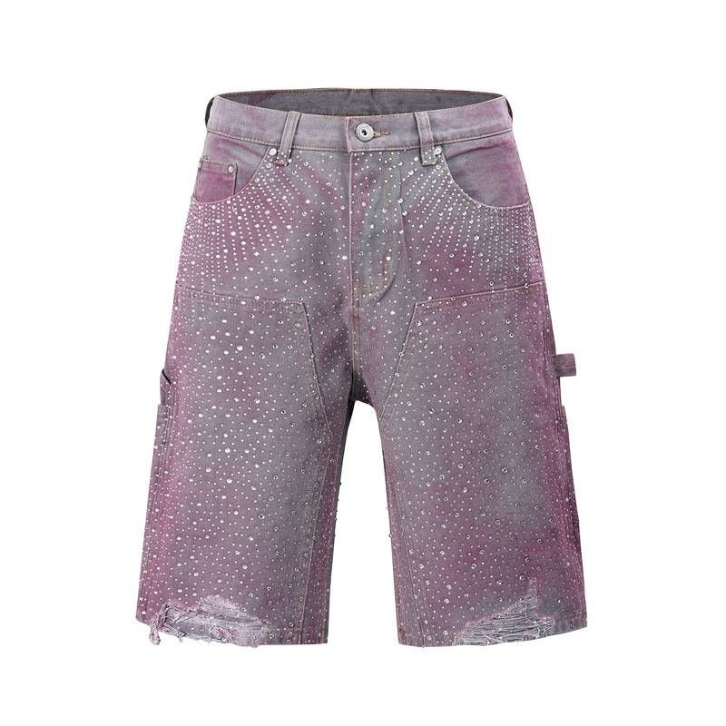 Men's Clothing European And American High Street Diamond-studded Seven-point Shorts With Ink-splashed Dyed Gradient Denim Shorts_viptrois.com