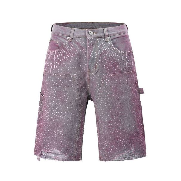 Men's Clothing European And American High Street Diamond-studded Seven-point Shorts With Ink-splashed Dyed Gradient Denim Shorts_viptrois.com