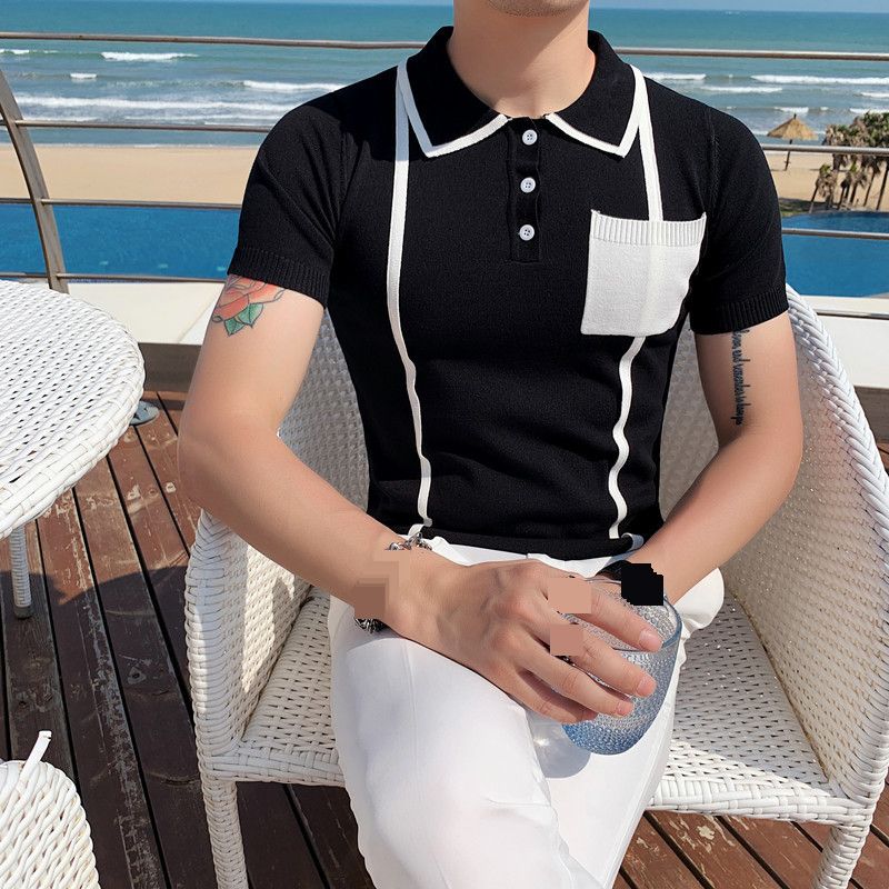 Men's Summer Knitted Contrast Color Lapel Polo Shirt Short Sleeve Breathable Ice Silk Cotton Blend Fashion Trend T-Shirt_viptrois.com