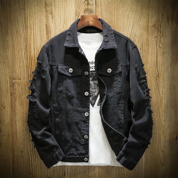 Men's Clothing Distressed Embroidered Denim Jacket – Trendy Korean Style Slim Fit Coat With Vintage Wash, Breathable Cotton Blend, Plus Size Available_viptrois.com