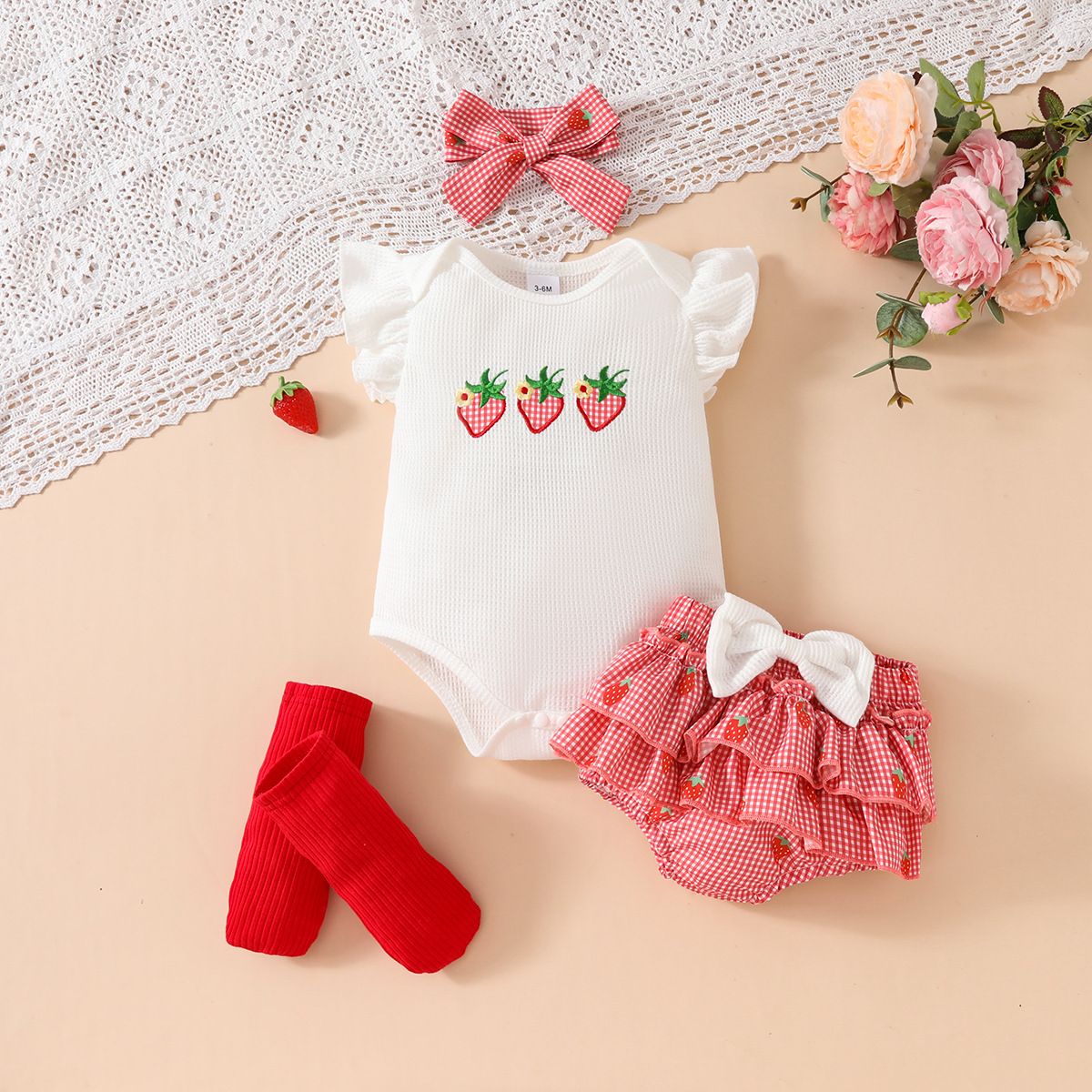 "Baby Girl Waffle Knit Short Sleeve Romper With Floral Embroidery & Ruffled Shorts Set – Soft Cotton Blend, Breathable & Stylish (0-18M)"_viptrois.com